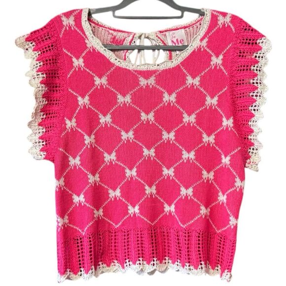 SO ME Pink Bow Ribbon Pattern Sweater Top with Back Key Hole Size Large NWT - Picture 5 of 13